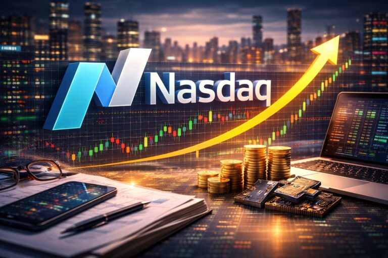 Nasdaq stocks with city backdrop